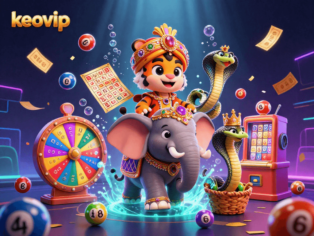 Win exciting prizes with keovip's dynamic lottery and gaming scene featuring vibrant elements.