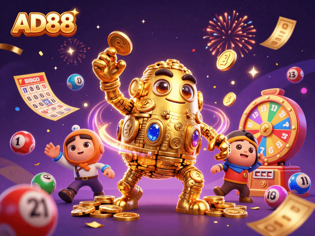 Engage with AD88's thrilling experience featuring a golden golem amidst vibrant casino elements.