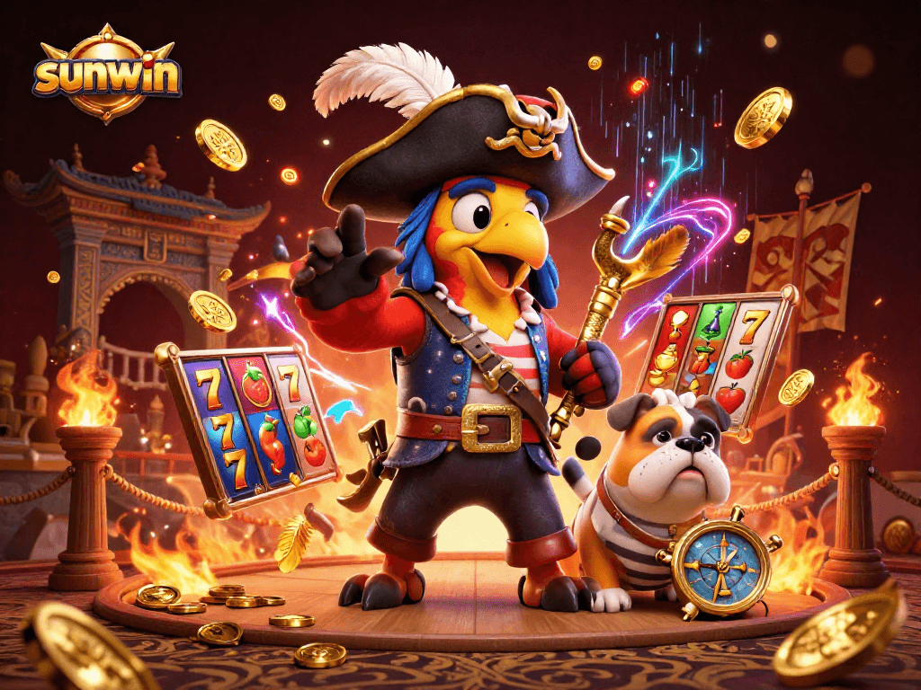 Sunwin showcases vibrant slot-themed elements with a pirate captain and fun characters in action.