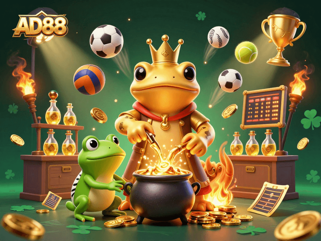 AD88 players are captivated by the alchemist transforming metals into gold while sports elements fly around.