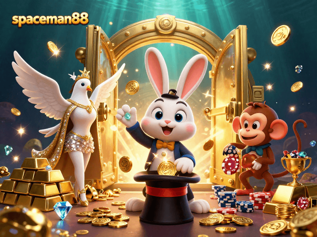 Experience exciting wins with spaceman88, featuring playful characters and vibrant casino elements.