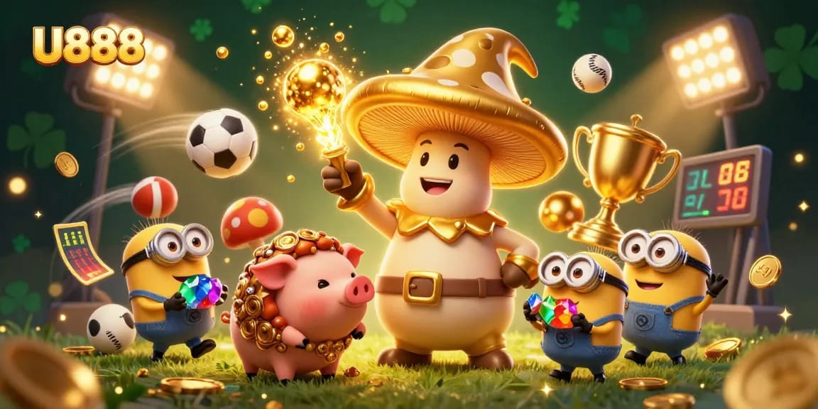 Witness U888’s enchanting magic with a golden mushroom wizard amid dynamic sports elements!