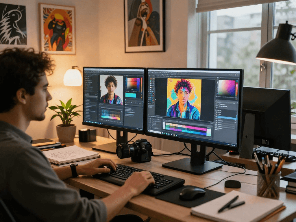 Creating vibrant NSFW AI art in a contemporary digital workspace.