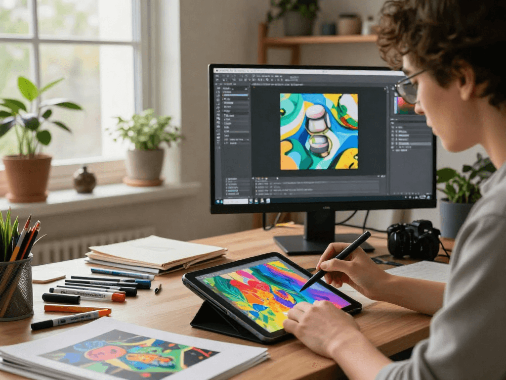 Creative individual producing nsfw ai art in a bright home office environment.