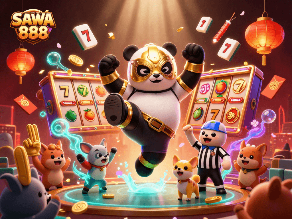 Engage with SAWA 888's spinning slot reels amidst a lively scene featuring a wrestling panda and golden elements.