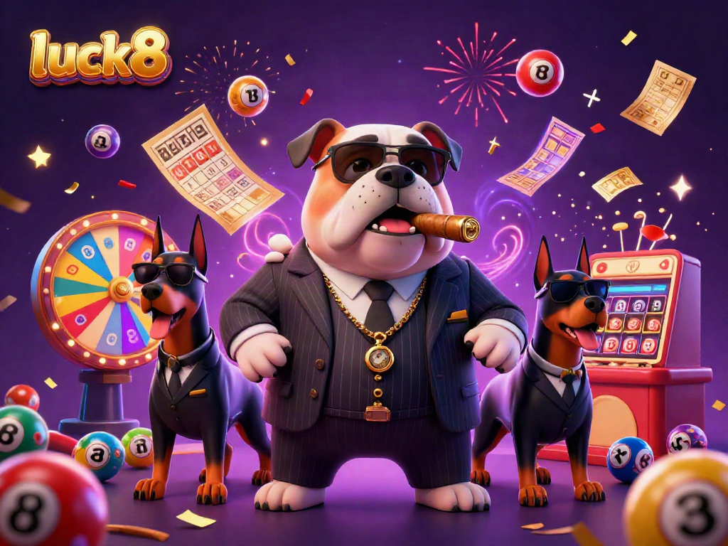 Experience excitement with luck8, featuring a mafia boss bulldog and entertainers amid dynamic casino elements.