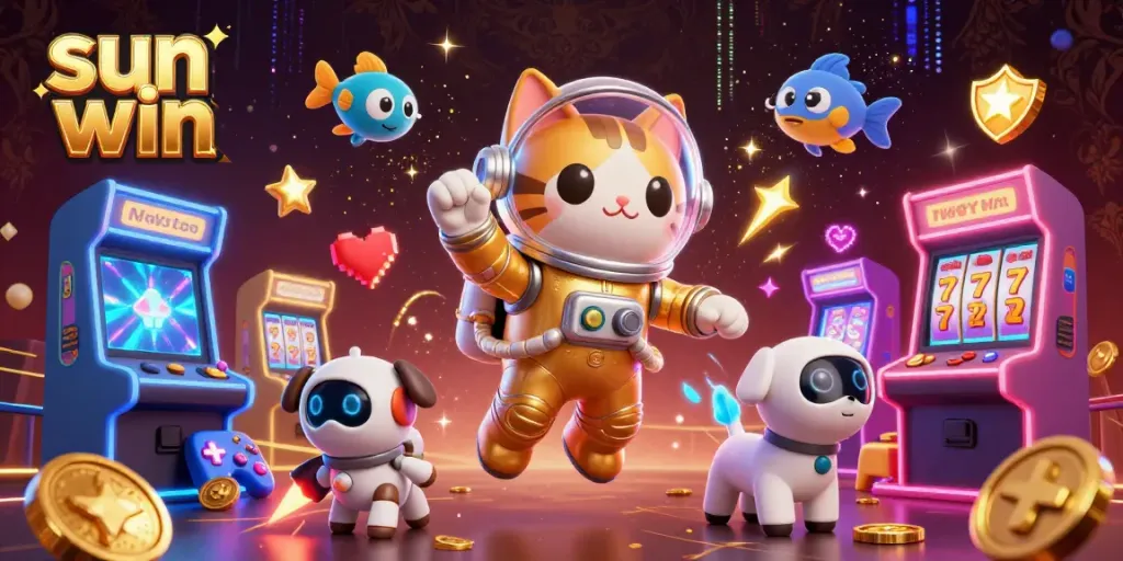 Experience the thrill of sun win with vibrant slots and a cosmic illustration featuring a golden astronaut cat.