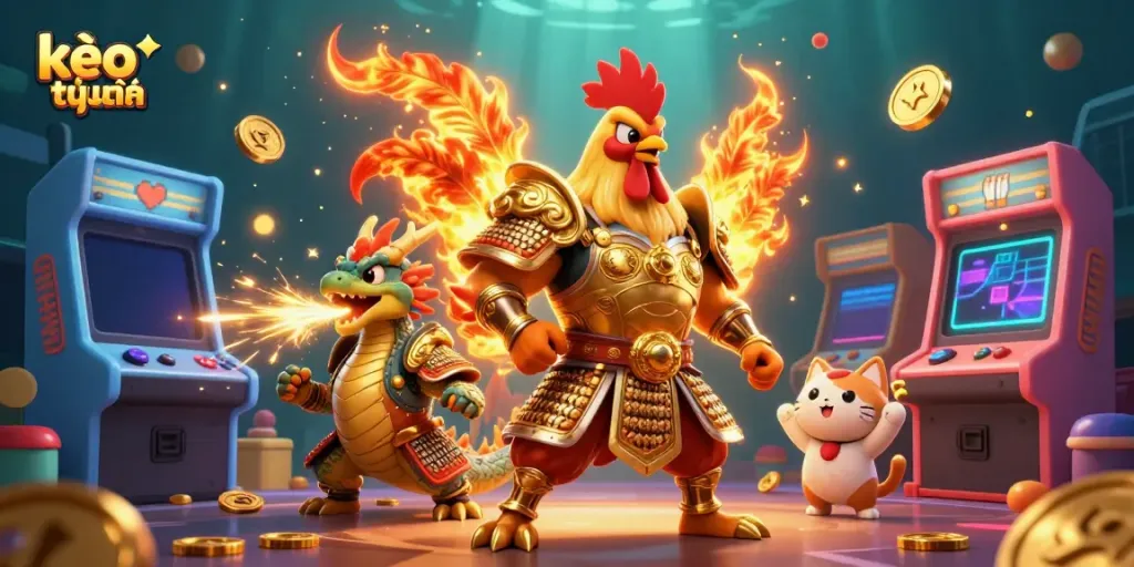 Engage with kèo trực tuyến in an action-packed scene featuring a cartoon rooster warrior, dragon hatchling, and fortune cat.
