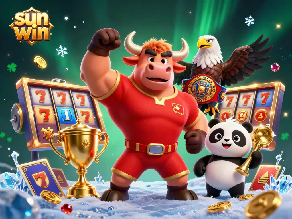 Engage in exciting sun win casino games with a 3D mascot, eagle, and panda celebrating victory.