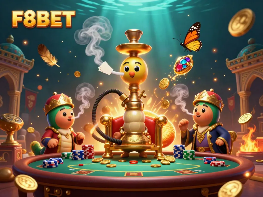 Experience the vibrant world of F8BET with a 3D illustration of a whimsical casino atmosphere featuring a hookah-master and poker elements.