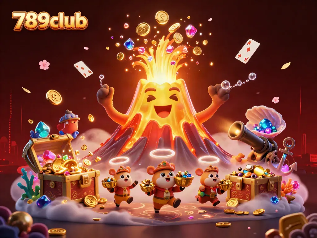 Engage with 789club's thrilling adventures captured in a vibrant 3D scene with a golden volcano and treasure.