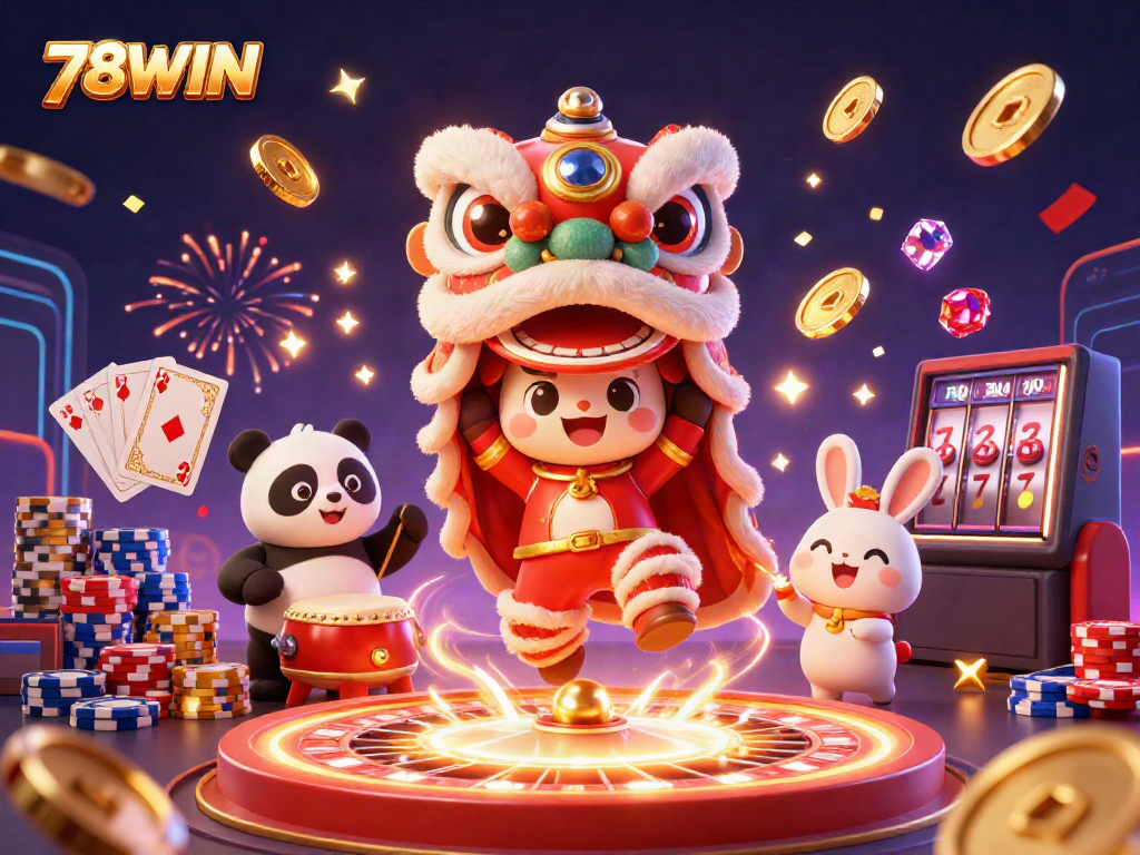 Engage in thrilling gameplay at 78WIN casino, featuring vibrant characters celebrating with dynamic elements of luck.
