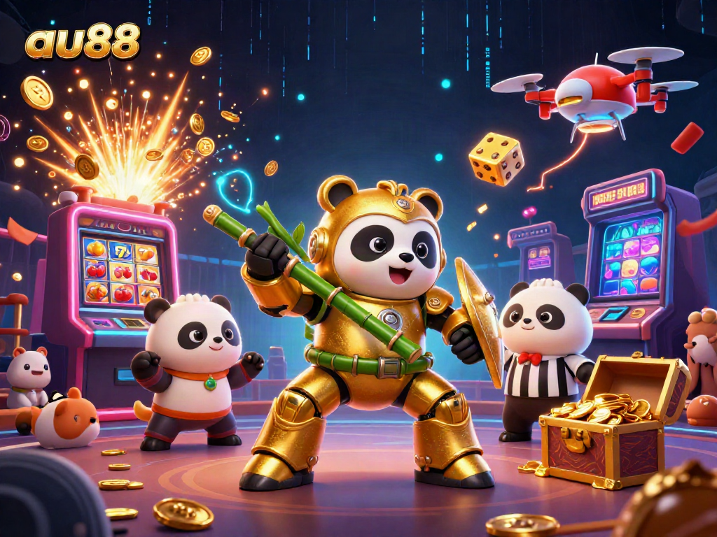 Join the excitement at au88 with a dynamic scene of gambling featuring an animated panda and vibrant casino elements.