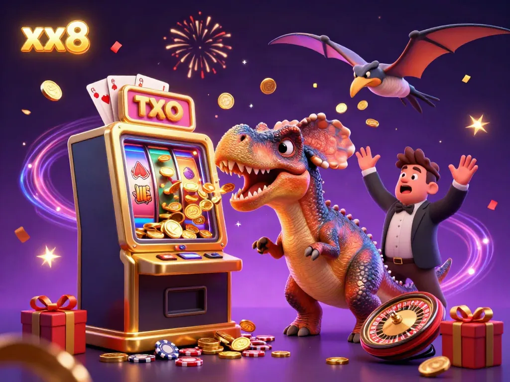 xx8 slot machine jackpot celebration with dinosaurs and coins in cartoon casino.