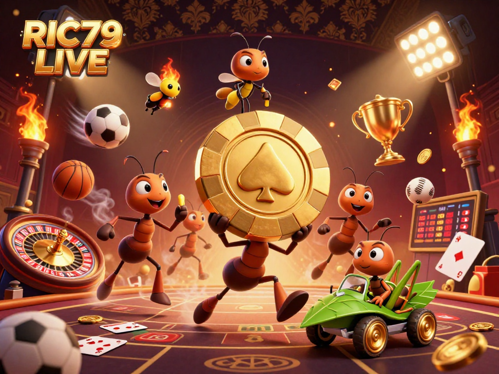 Experience RIC79 LIVE in an exciting 3D scene featuring a heist with a golden poker chip.