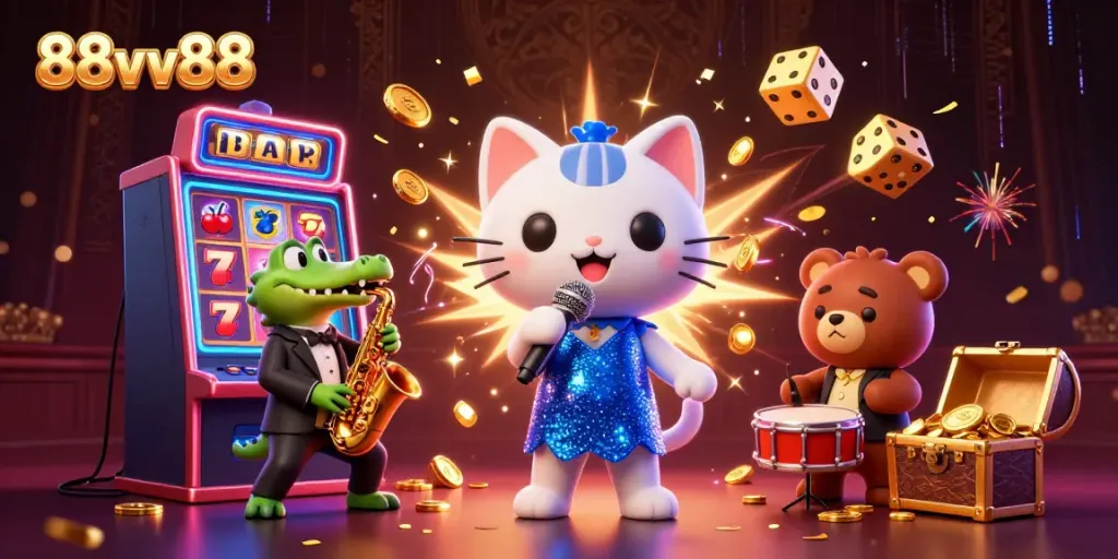 Experience the vibrant casino atmosphere with 88vv88's dazzling slot machine and engaging characters.
