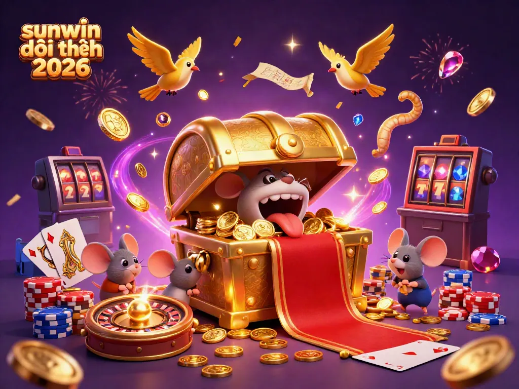 Experience the excitement of sunwin đổi thưởng 2026 with treasure chests and golden coins in a vibrant casino scene.