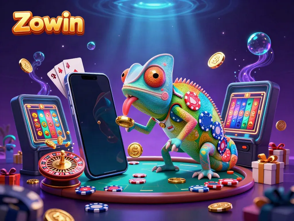 Zowin casino's vibrant chameleon owner captures excitement with casino games and rolling golden coins.