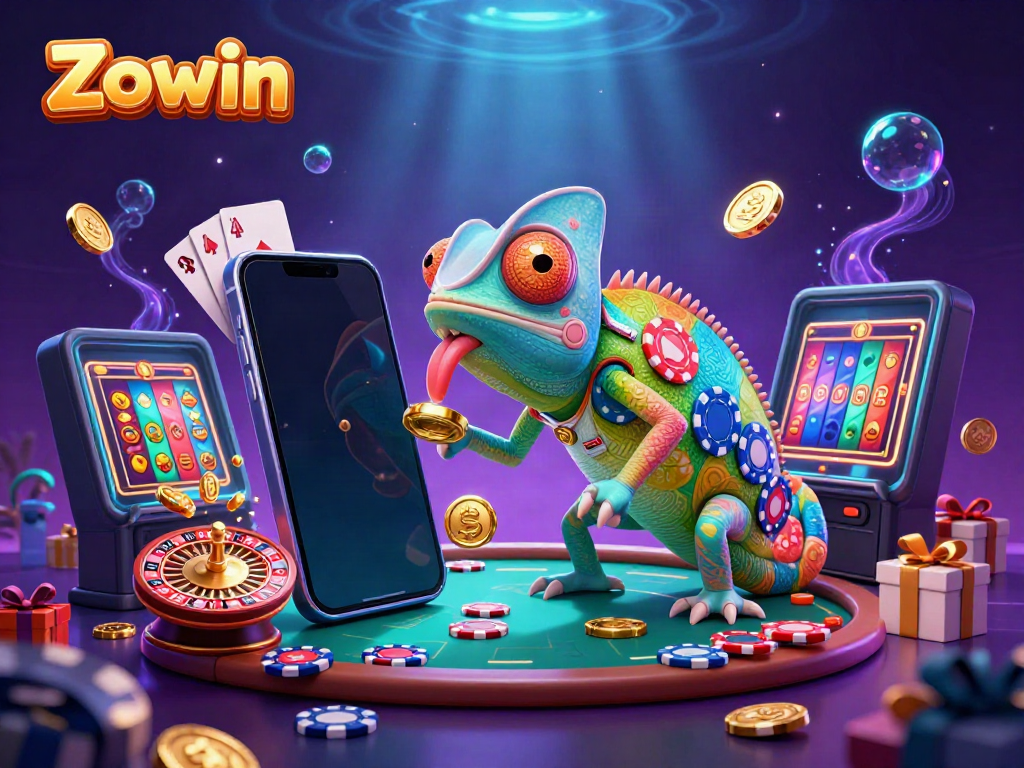 Zowin casino's vibrant chameleon owner captures excitement with casino games and rolling golden coins.