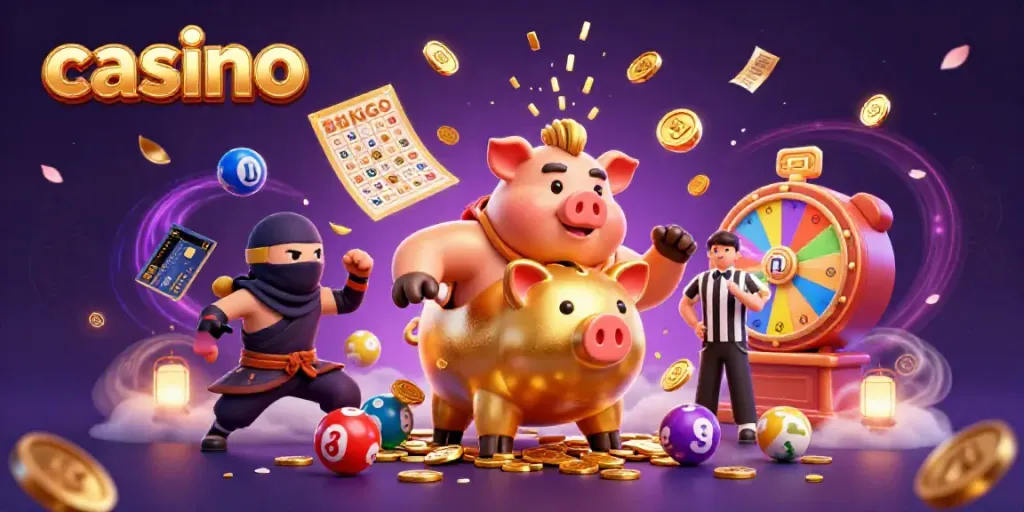 Experience vibrant casino action with a golden piggy bank sumo wrestler and colorful game elements.