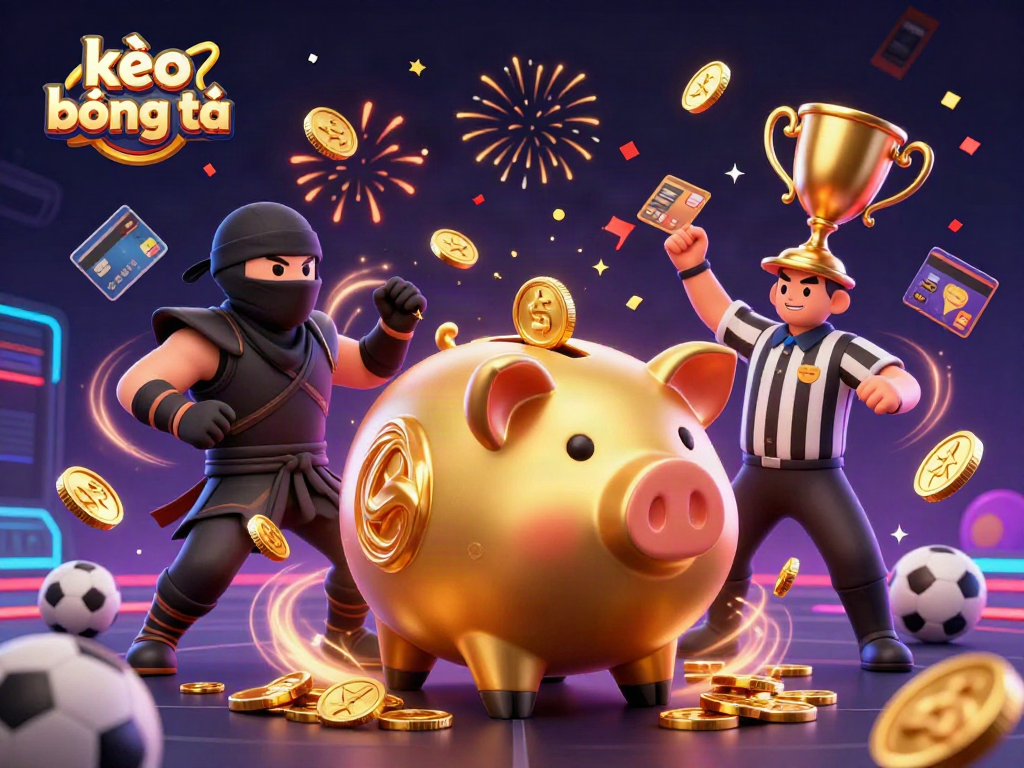 Experience kèo bóng đá with a dynamic scene of a golden piggy bank sumo wrestler, wallet-ninja, and credit-card samurai amidst colorful sports betting elements.