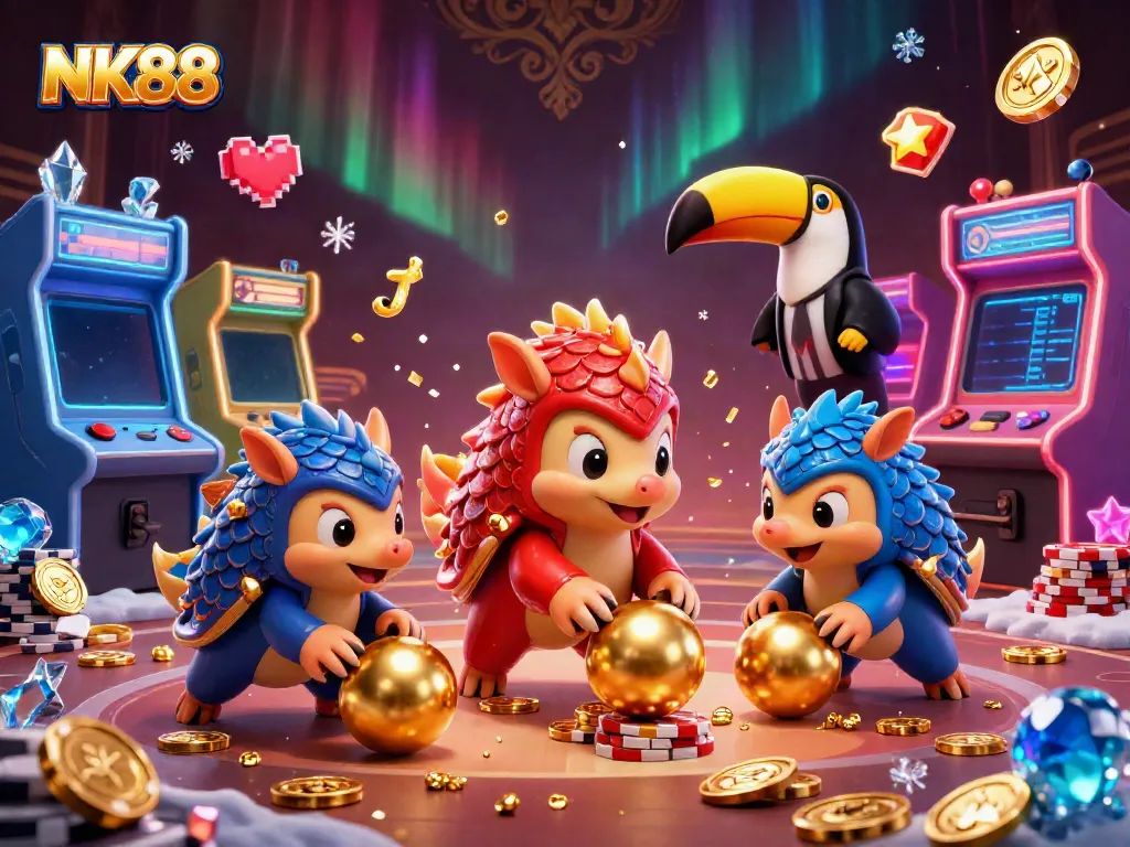 Experience thrilling gameplay with NK88 as pangolins battle in a lively casino scene.