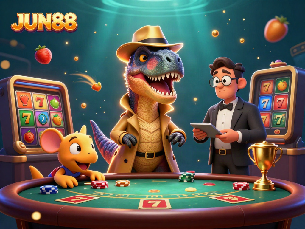Experience thrilling gameplay at JUN88 with a cartoon velociraptor at the blackjack table, surrounded by slot game elements.