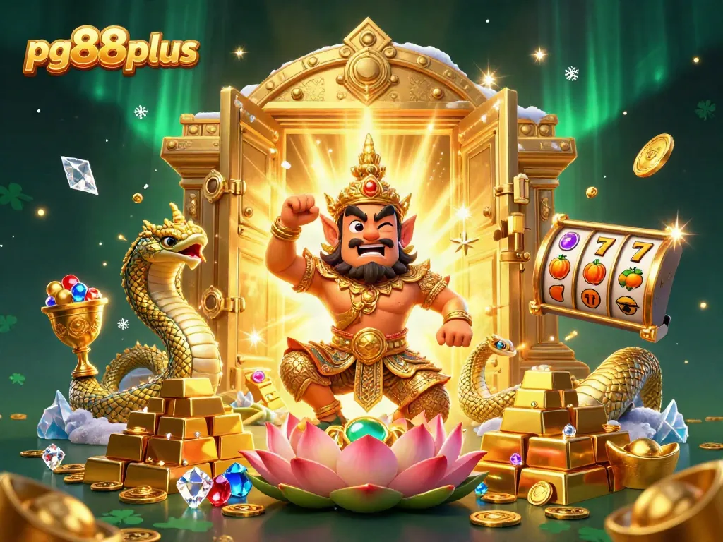 Spin the reels with pg88plus in a vibrant 3D scene featuring casino treasures and lucky symbols.