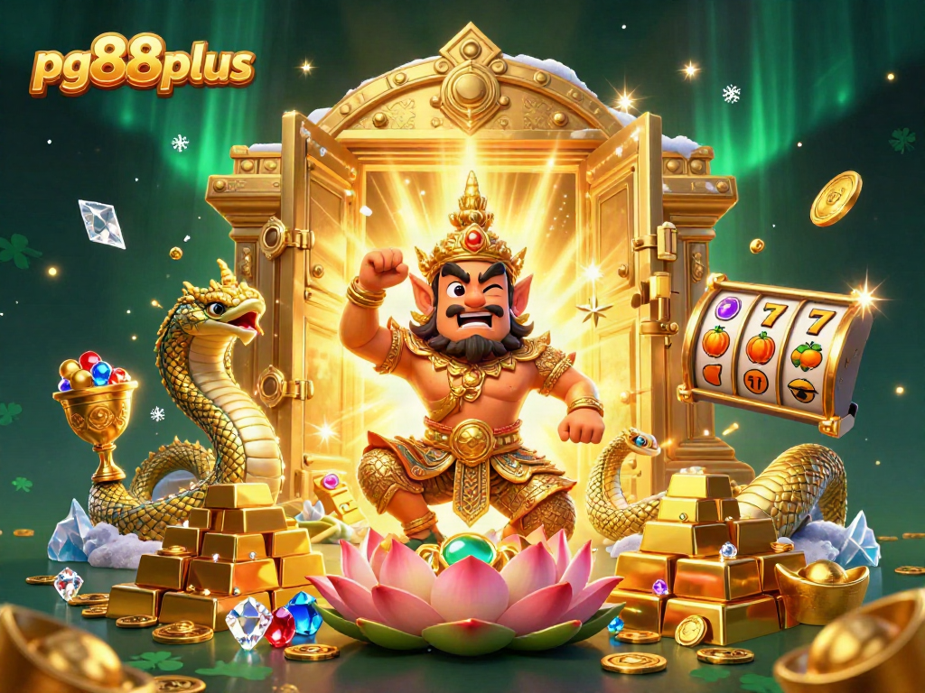 Spin the reels with pg88plus in a vibrant 3D scene featuring casino treasures and lucky symbols.