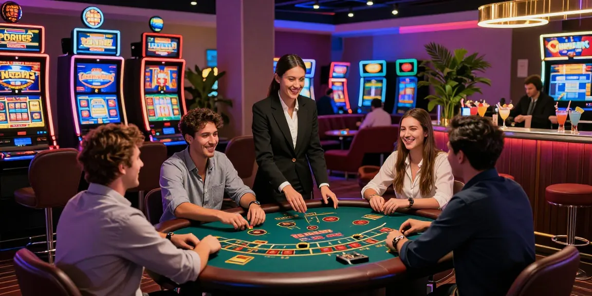 Diverse players enjoying exciting games in a lively non GamStop casino, vibrant atmosphere with neon lights.