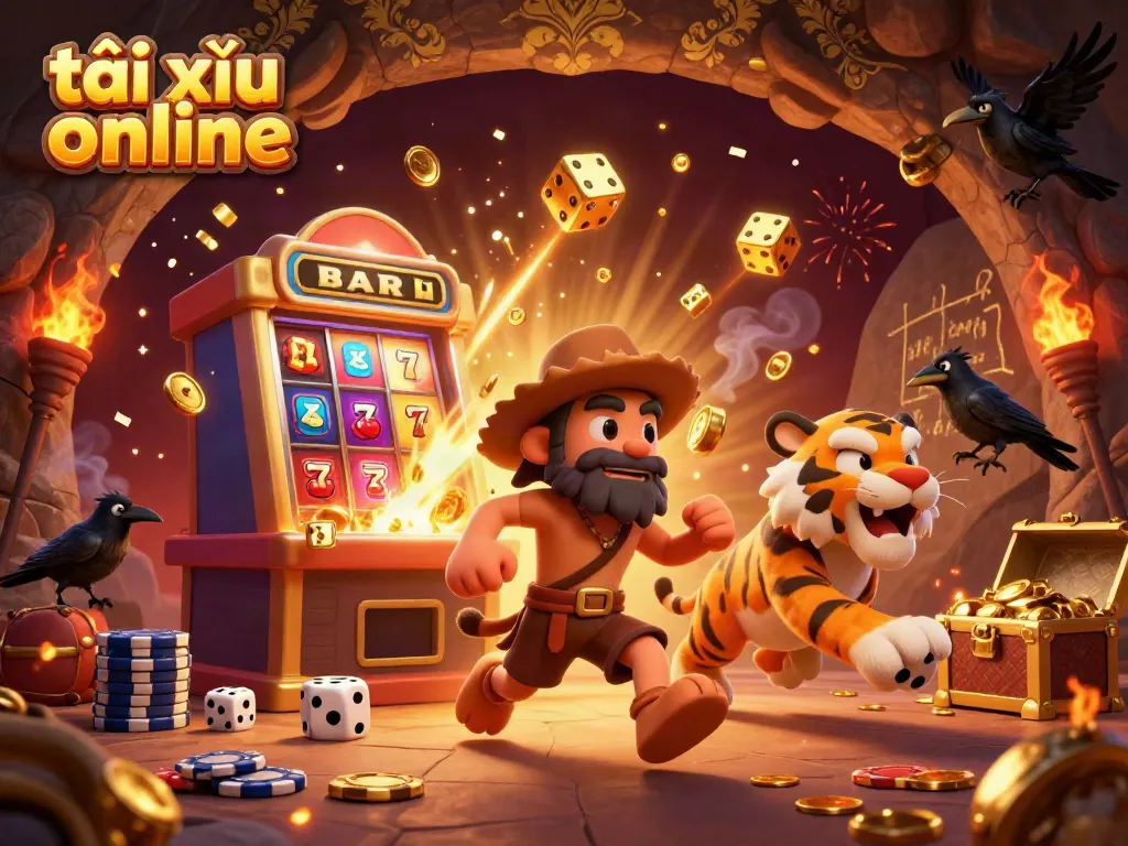 Engage in thrilling tài xỉu online gameplay with a lively caveman and sabertooth tiger duo in a prehistoric casino setting.