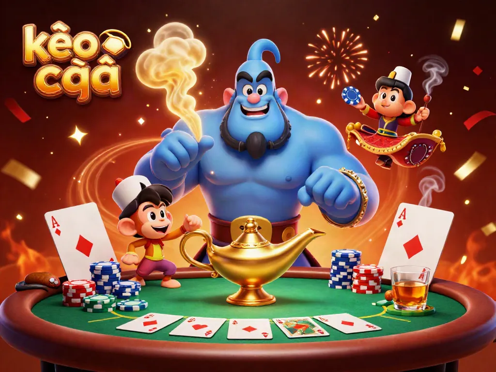 Engage with kèo nhà cái through a vibrant 3D scene featuring a genie and poker elements