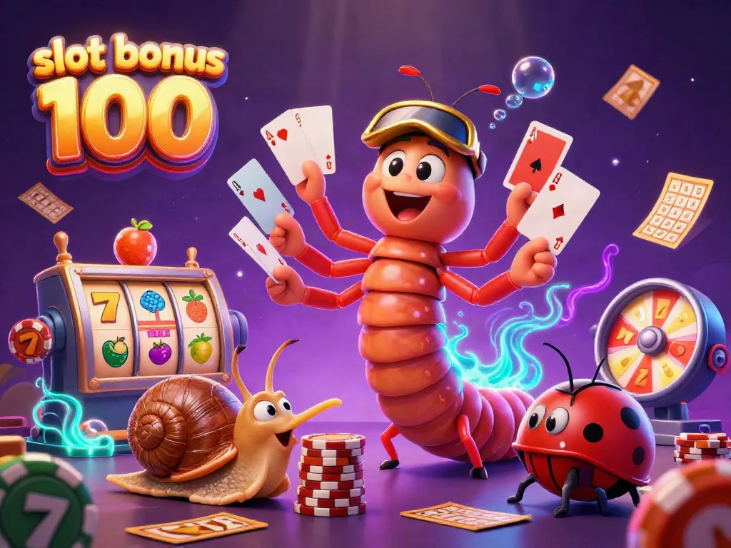 Experience slot bonus 100 with vibrant casino characters and slot game elements in a lively 3D scene.