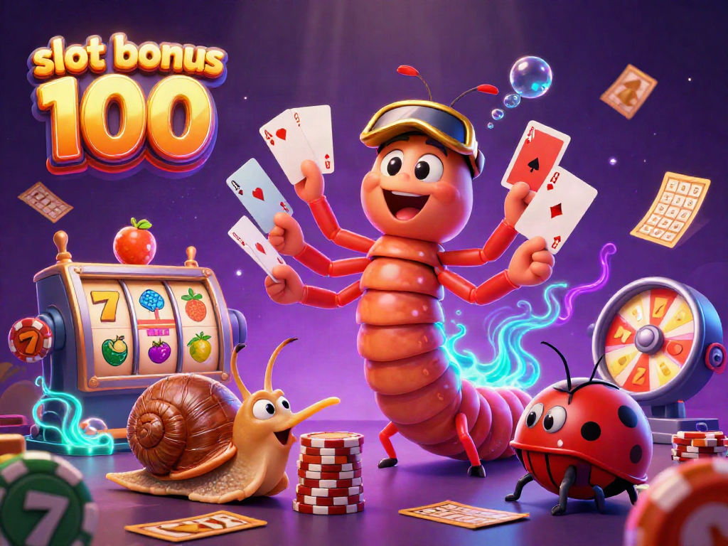 Experience slot bonus 100 with vibrant casino characters and slot game elements in a lively 3D scene.