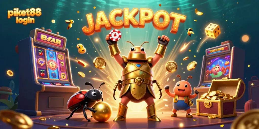 Join the excitement with the piket88 login as our hero beetle celebrates a jackpot victory!