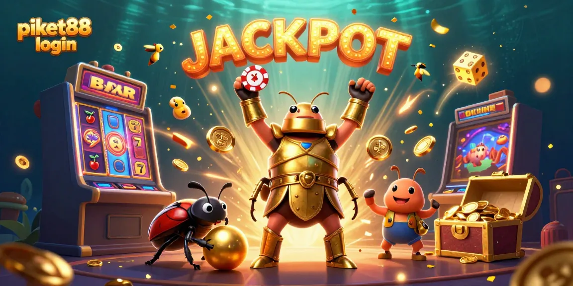 Join the excitement with the piket88 login as our hero beetle celebrates a jackpot victory!