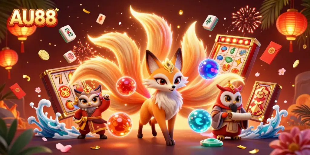 Experience the vibrant world of AU88 with a nine-tailed fox spirit, glowing elements, and lively casino features.