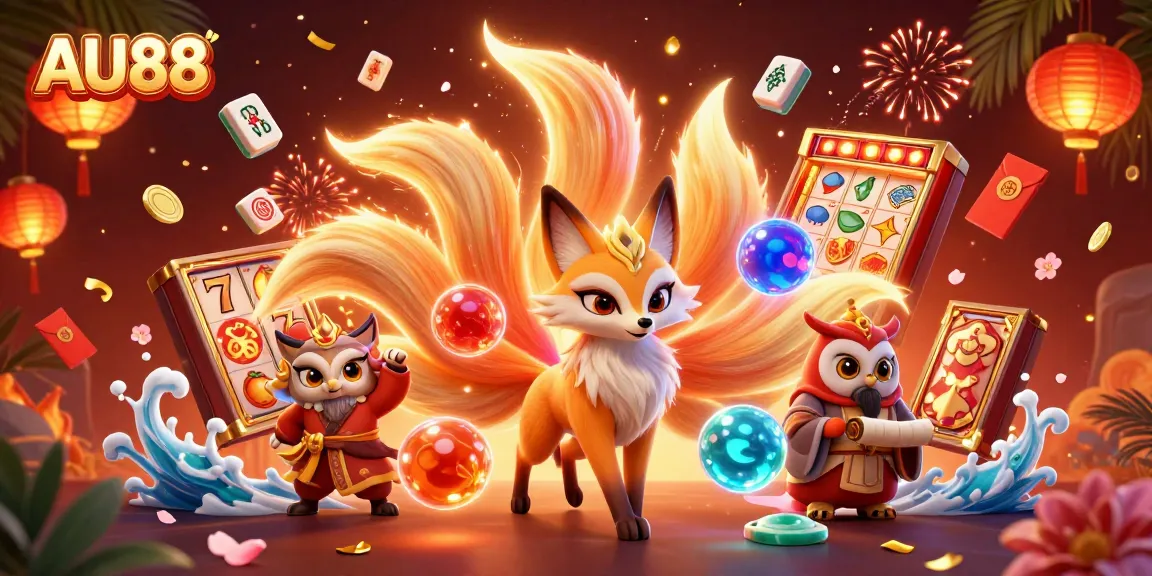 Experience the vibrant world of AU88 with a nine-tailed fox spirit, glowing elements, and lively casino features.