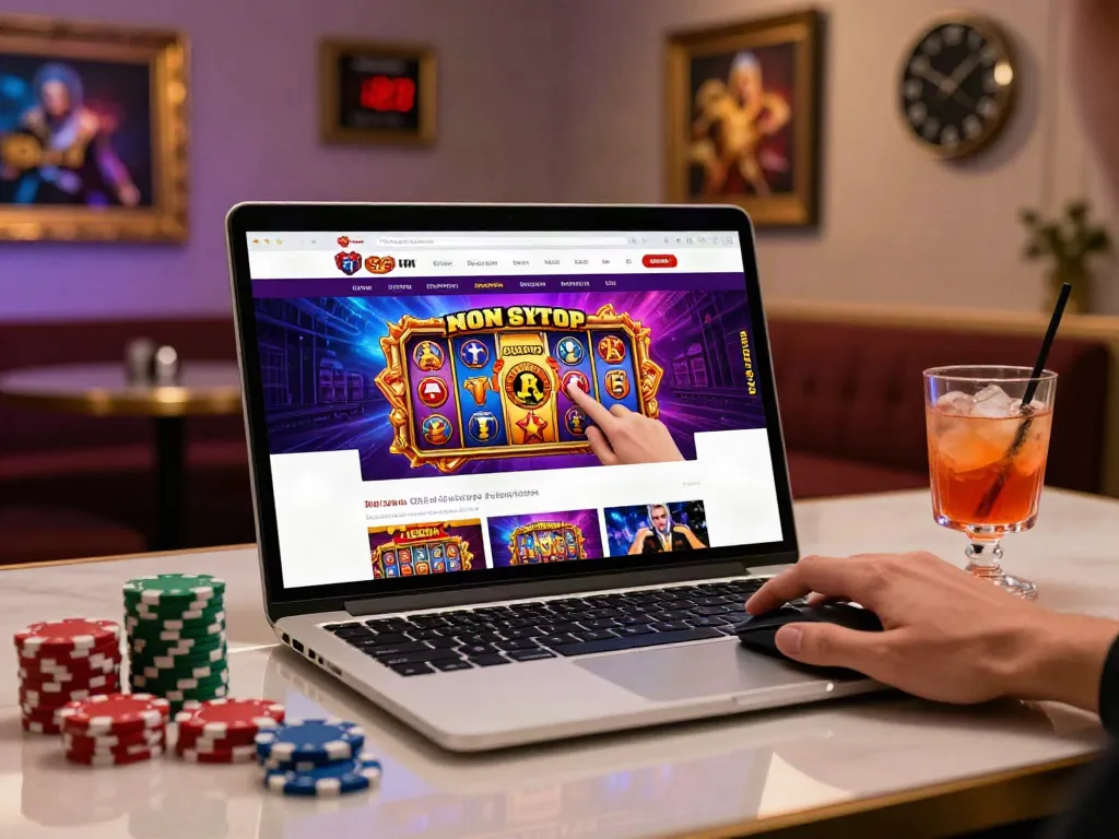 Exciting non gamstop casino interface on laptop highlighting vibrant slot games and promotional offers.