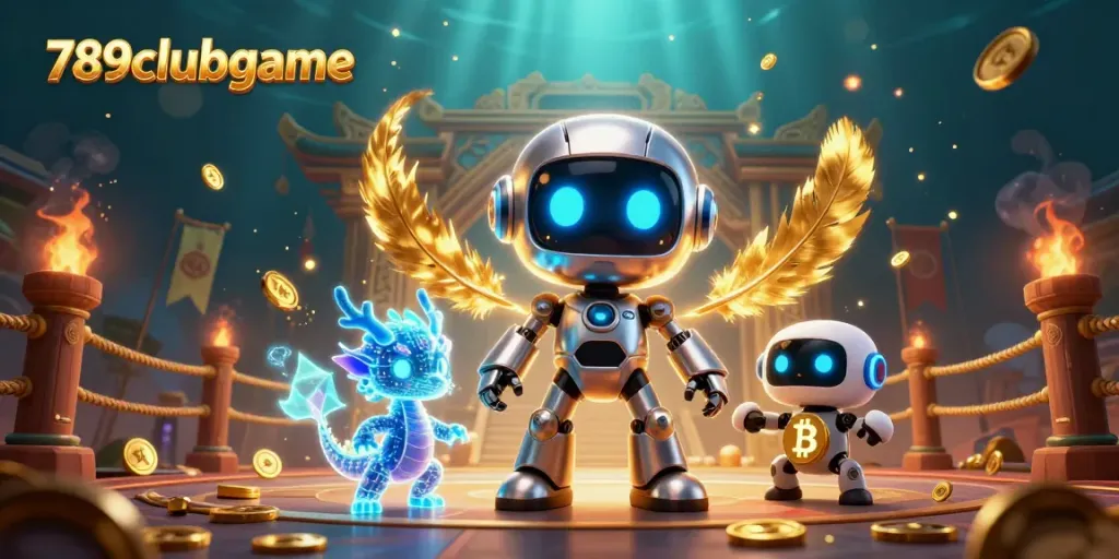 Experience electrifying gameplay with 789clubgame, featuring robotic mascots and vibrant casino elements.