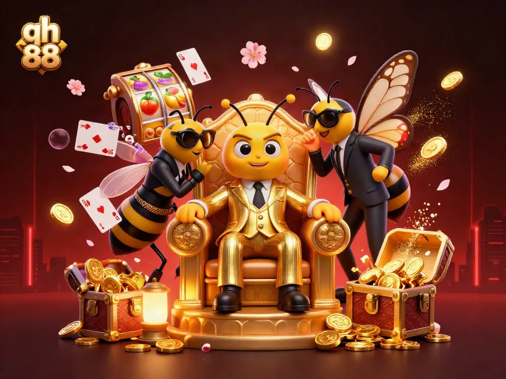 Interact with qh 88's vibrant casino world featuring a bumblebee mob boss and treasure-filled slots.