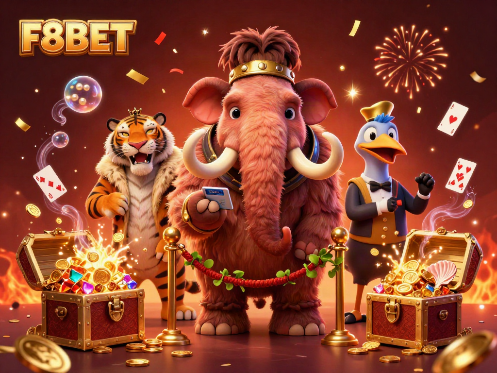 Experience the excitement of F8BET with a lively casino scene featuring a woolly mammoth bouncer and VIP guests.