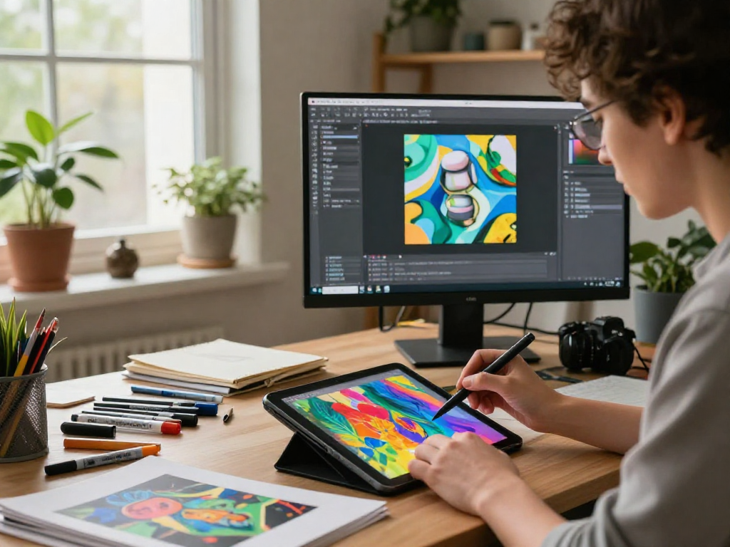 Creative individual producing nsfw ai art in a bright home office environment.