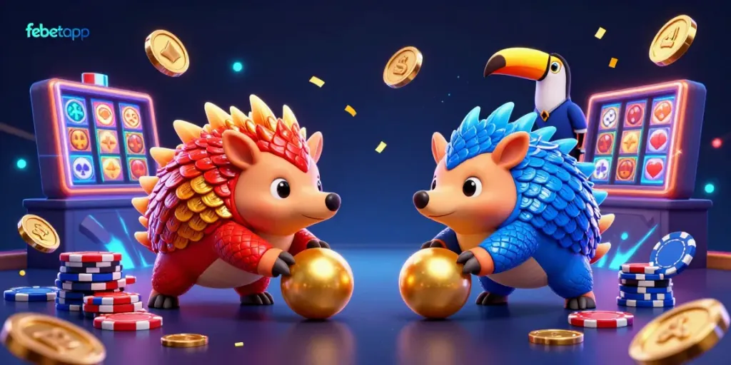 Engage in thrilling gameplay with febetapp featuring dynamic pangolins rolling through golden coins and poker chips.