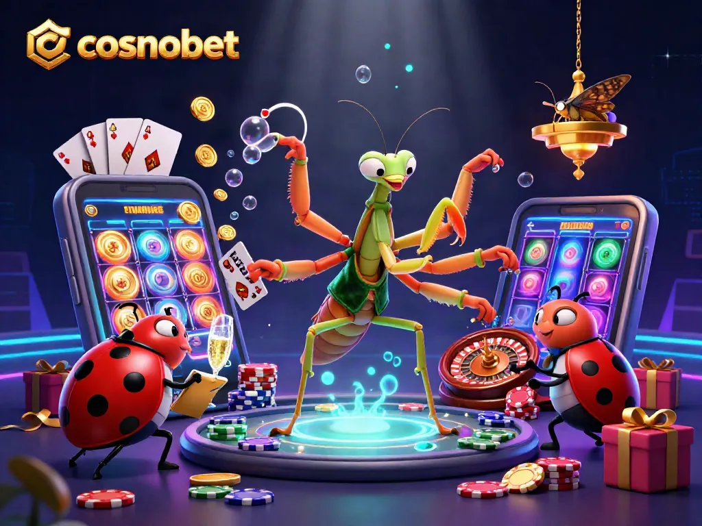 Win big at cosmobet with a dynamic scene of a giant mantis card sharp and ladybug pit boss amid casino elements.