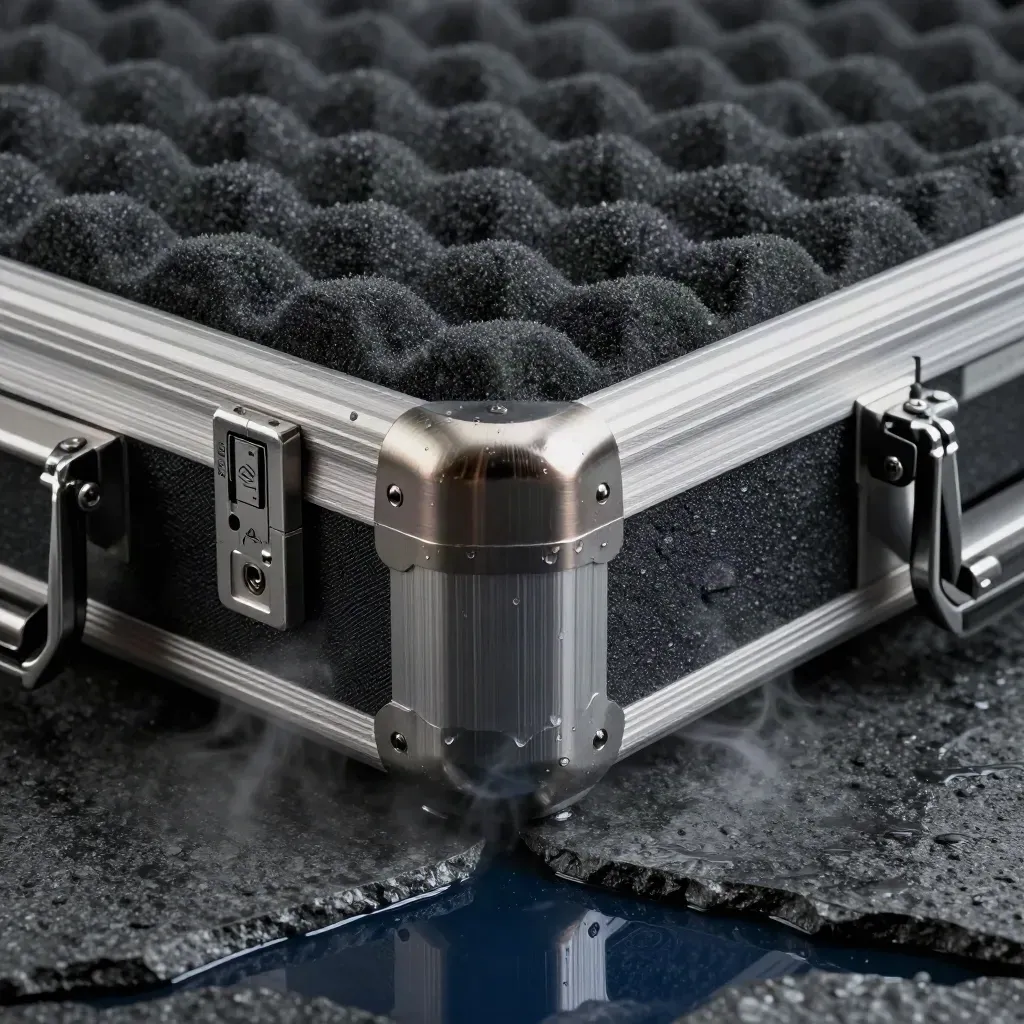 Macro graphite scan case with steel blocks on wet basalt, rain beads and vapour