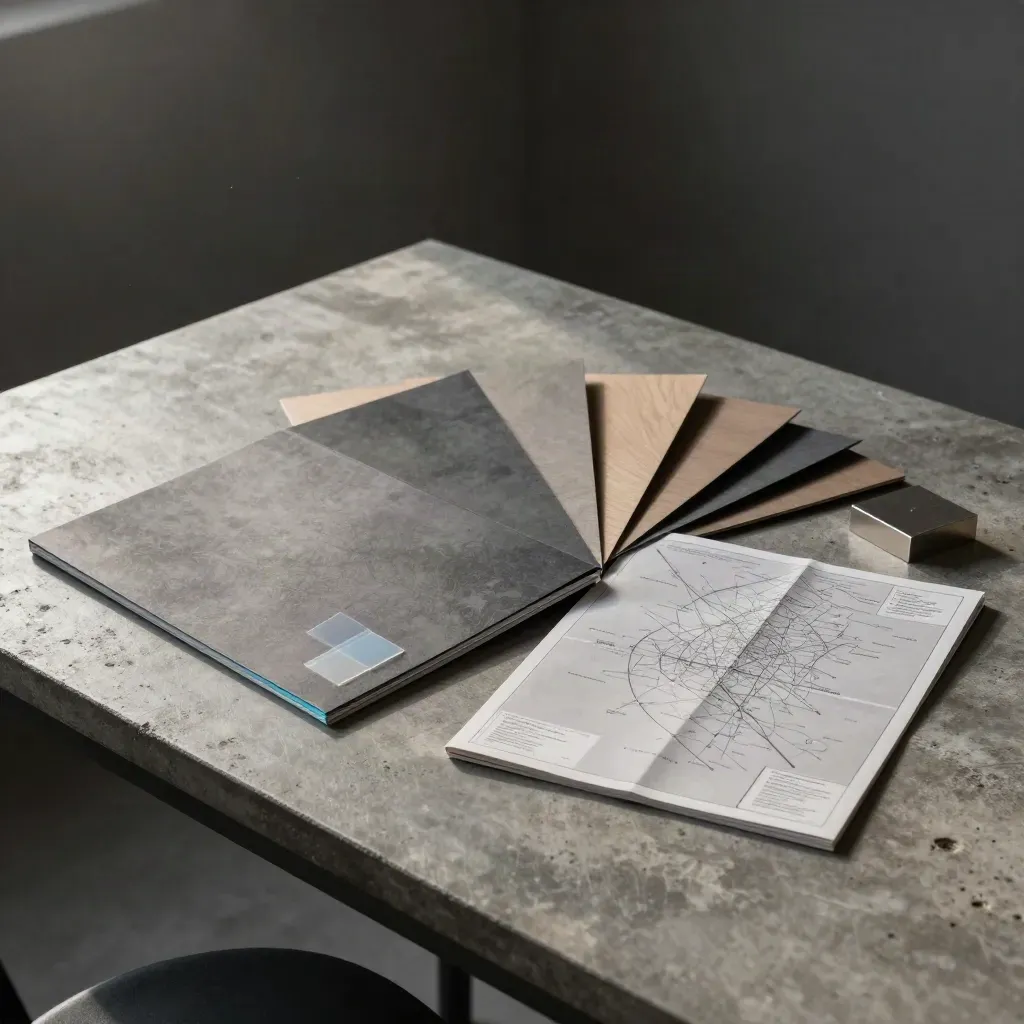 AR workshop kit on brushed concrete with folio, idea chips, map and sample block in moody light.