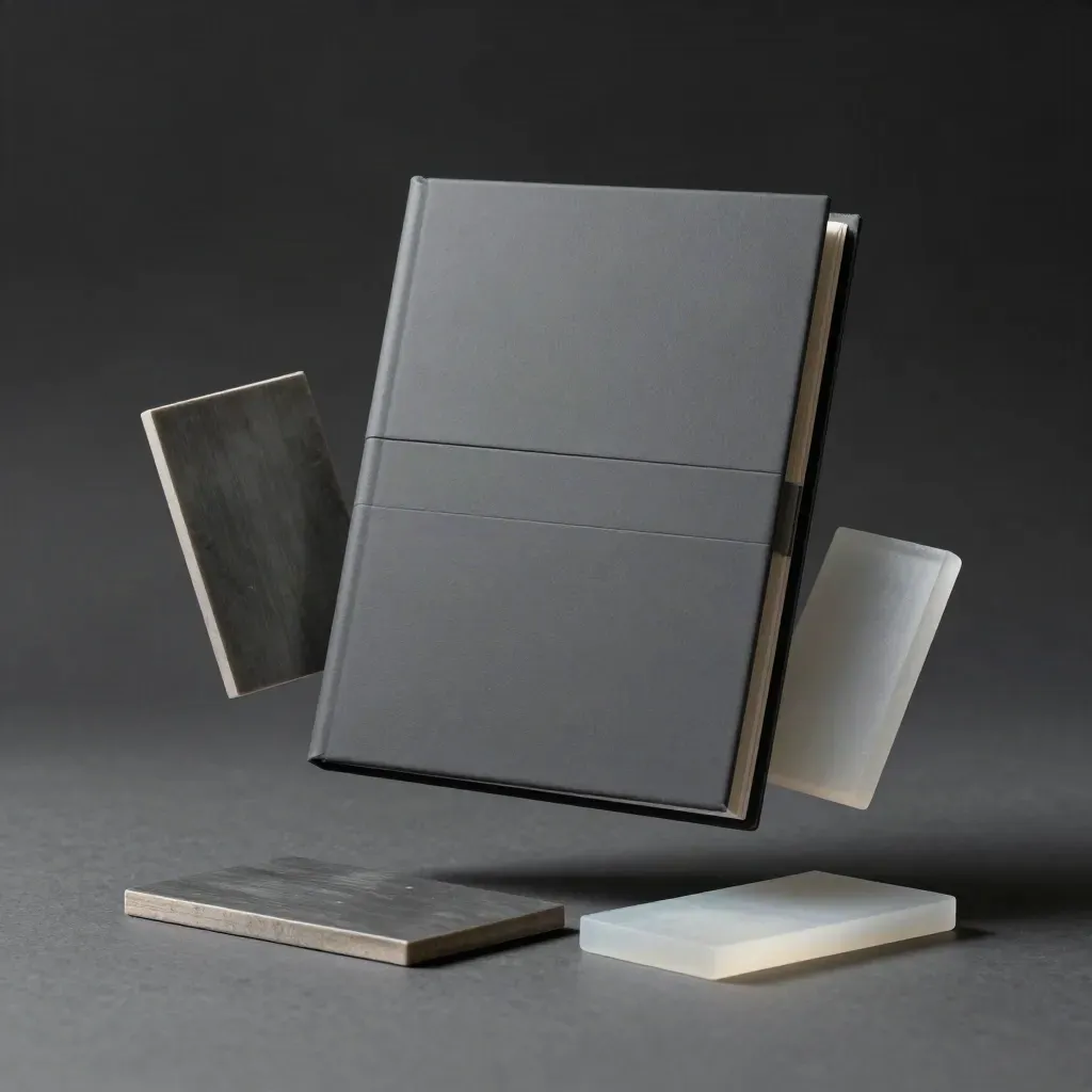 Floating charcoal audit portfolio with slate tiles and a frosted aisle chip in a dark studio