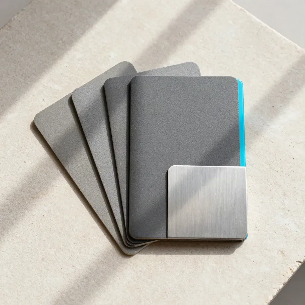 Overhead vendor shortlist pack with nested cards, clasped sleeve and aluminium divider on pale stone.