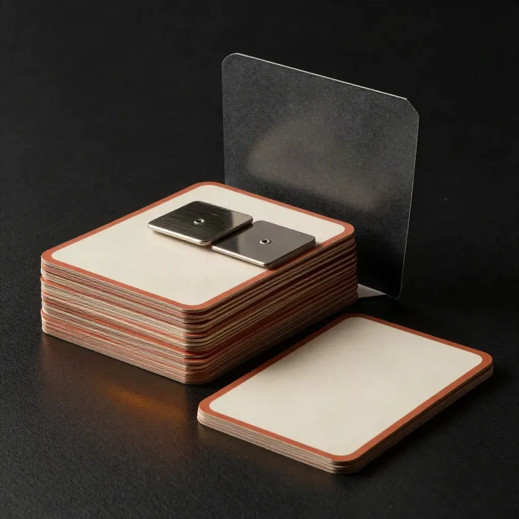 AR training kit with flip cards, badges, and a folded sleeve on a dark studio surface.